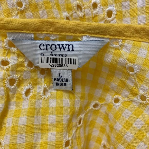 Crown & Ivy Yellow White Eyelet Gingham Size Large Short Sleeve Top Blouse - Picture 7 of 8